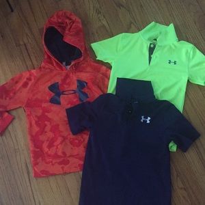 Boys size 6 Under armor hoodie and 2 polos